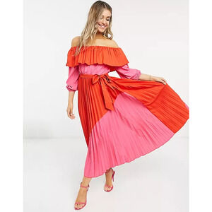 Never Fully Dressed Off Shoulder Contrast Pleated Maxi Dress 2 Pink Red *READ